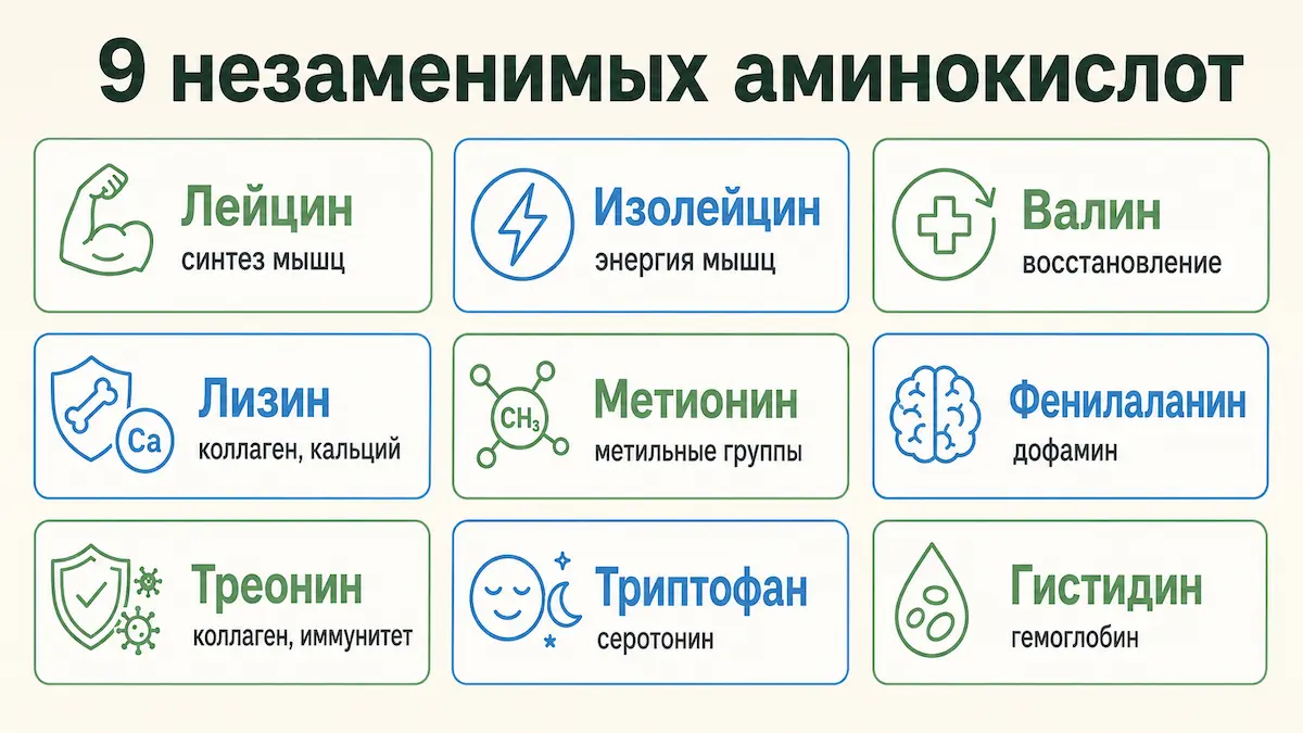 Инфографика: 9 незаменимых аминокислот и их роль в организме