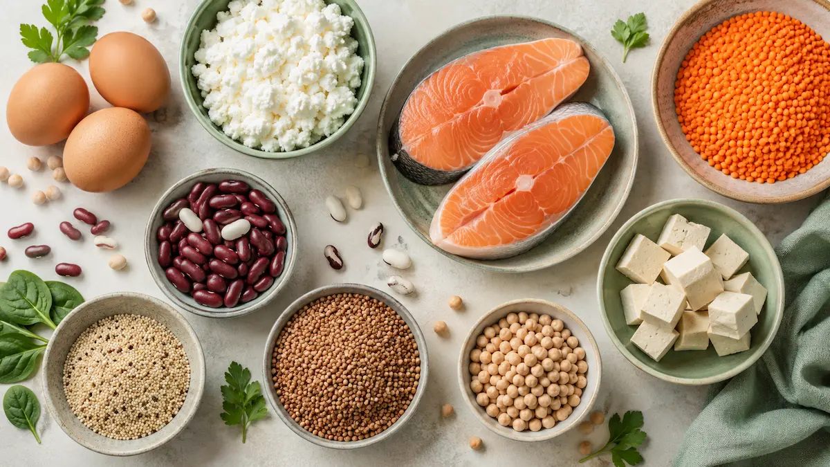 Продукты с незаменимыми аминокислотами: яйца, рыба, бобовые, творог