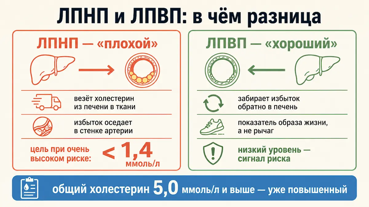 Схема различий ЛПНП и ЛПВП: направление переноса холестерина и целевые уровни