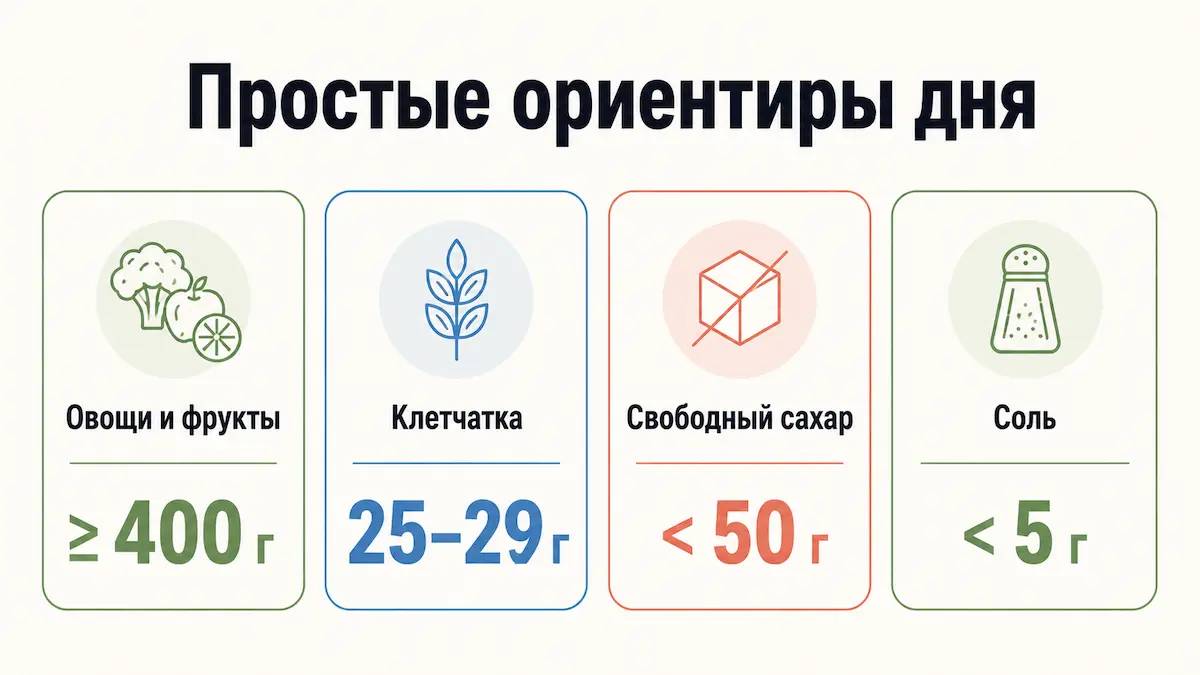 Простые ориентиры дня: 400 г овощей, 25–29 г клетчатки, менее 5 г соли