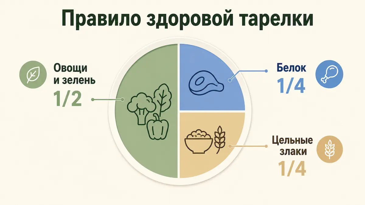 Правило здоровой тарелки: половина овощи, четверть белок, четверть цельные злаки
