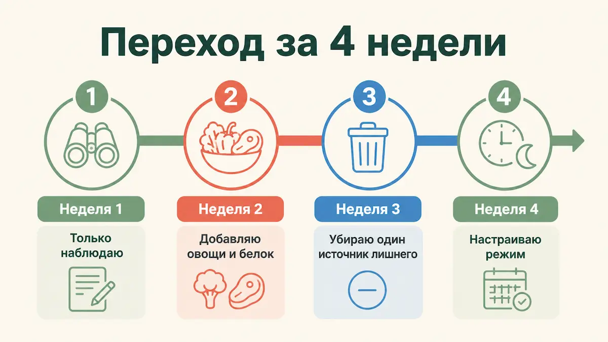 Четыре недели перехода на здоровое питание: наблюдение, добавление, посуда, режим