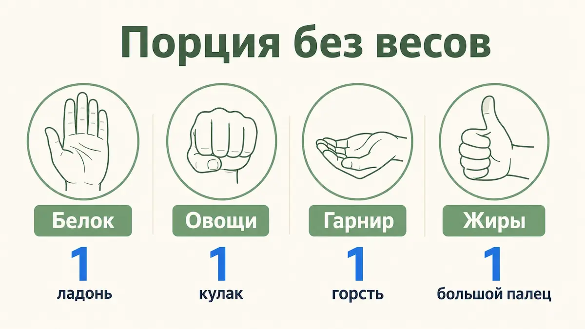 Наглядные порции: ладонь белка, кулак овощей, горсть гарнира, большой палец жира