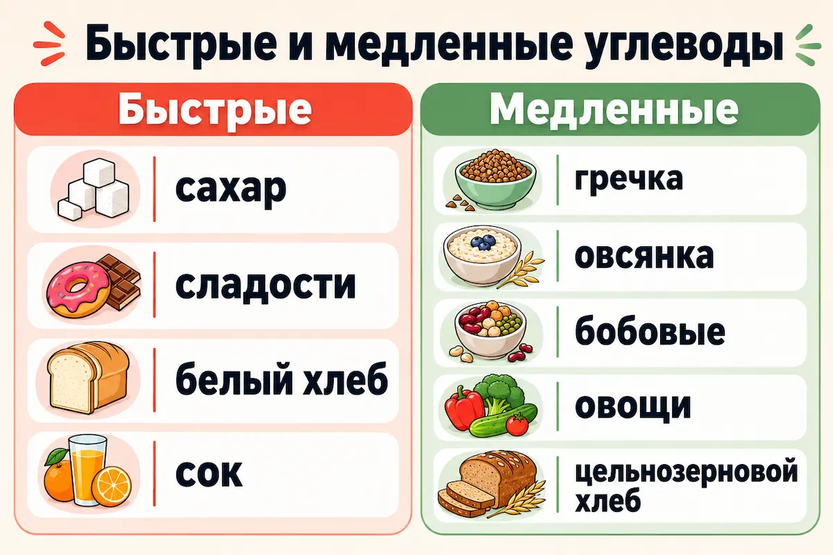 Сравнение быстрых и медленных углеводов: примеры продуктов в двух колонках