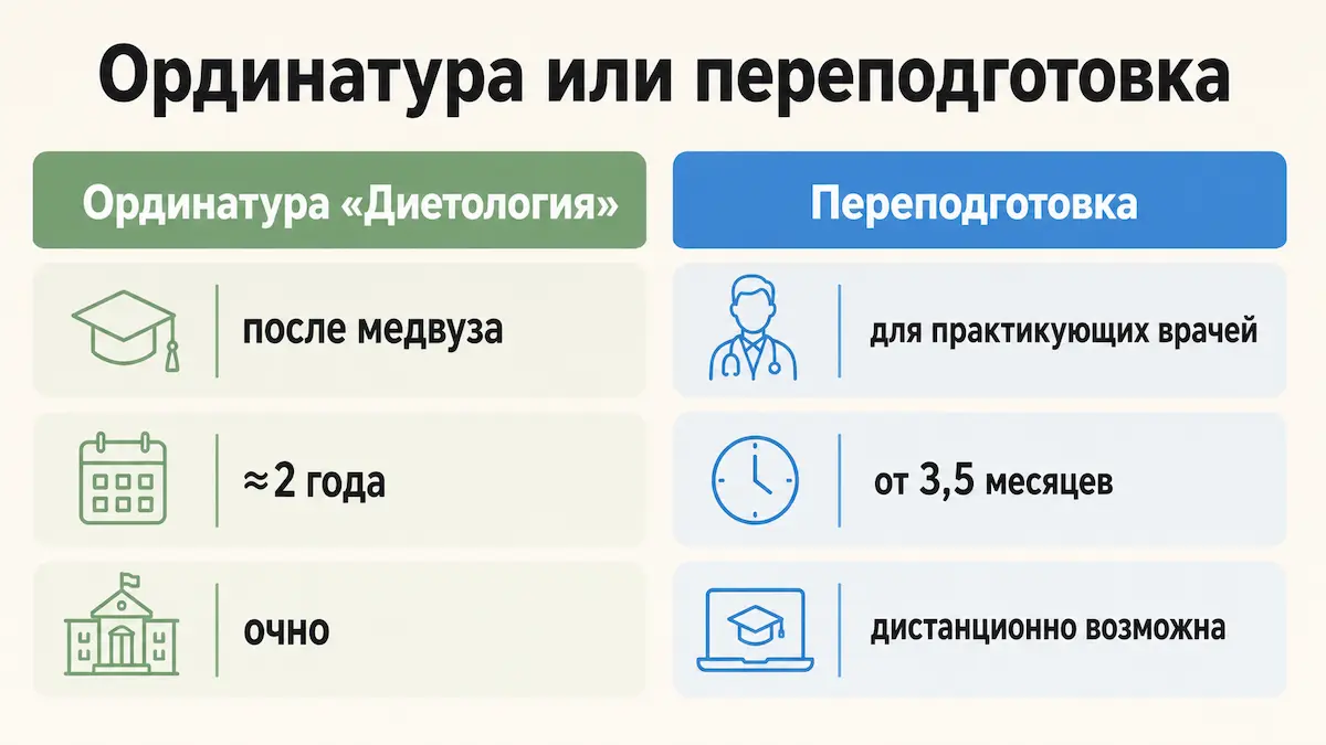 Сравнение: ординатура по диетологии и профпереподготовка для врачей
