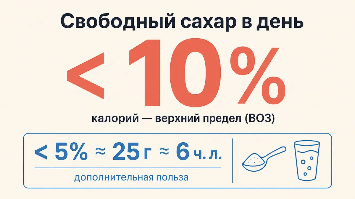 Инфографика: норма свободного сахара — менее 10% калорий, около 25 г в день