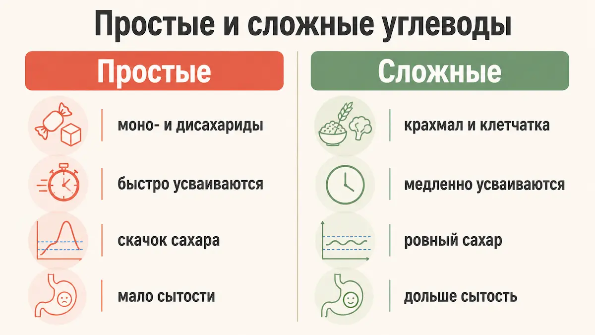 Инфографика: сравнение простых и сложных углеводов по скорости и клетчатке