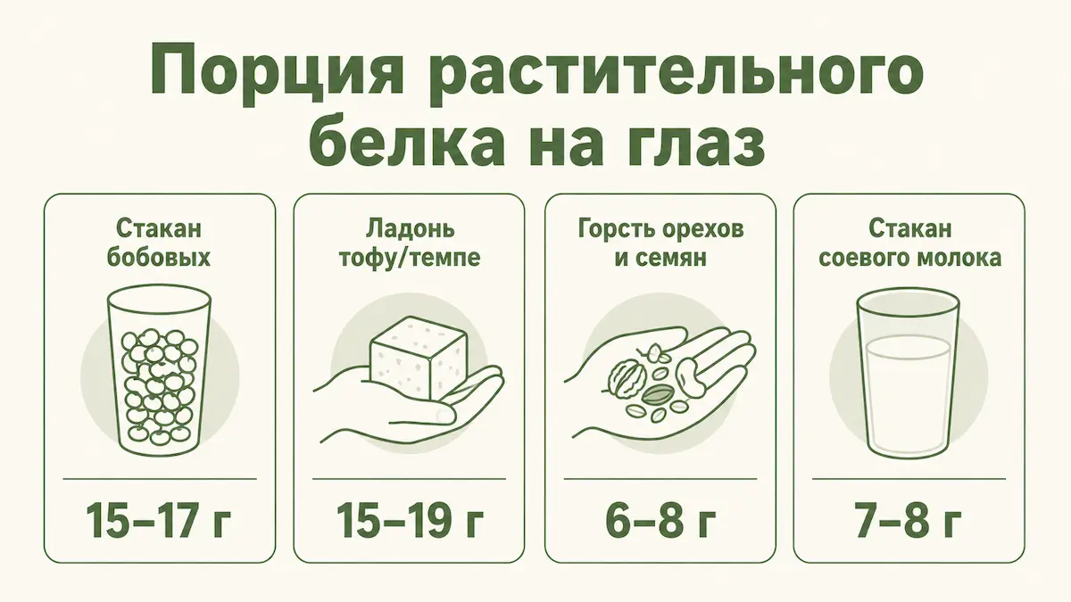 Порции растительного белка в бытовых мерах: стакан, ладонь, горсть
