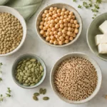 Продукты — источники растительного белка: бобовые, тофу, семена и киноа на столе