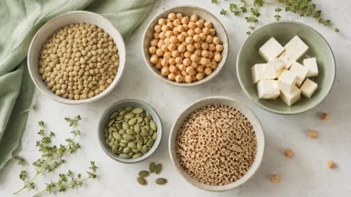 Продукты — источники растительного белка: бобовые, тофу, семена и киноа на столе