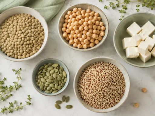 Продукты — источники растительного белка: бобовые, тофу, семена и киноа на столе