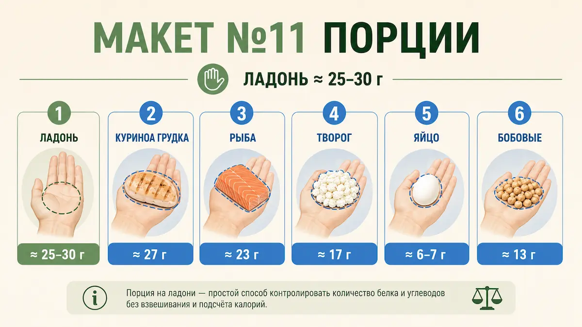 Порции белка размером с ладонь: курица, рыба, творог, яйца, бобовые в граммах