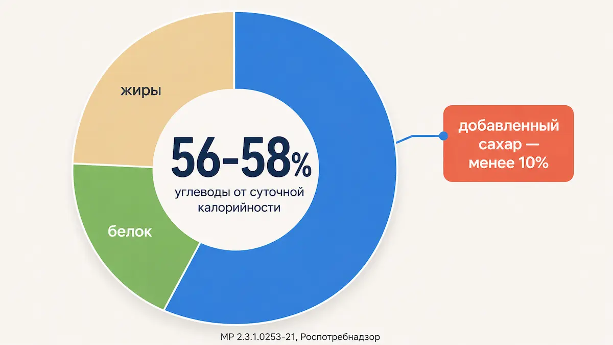 Круговая диаграмма: углеводы 56–58%, жиры 30%, белок 12–14% суточной калорийности