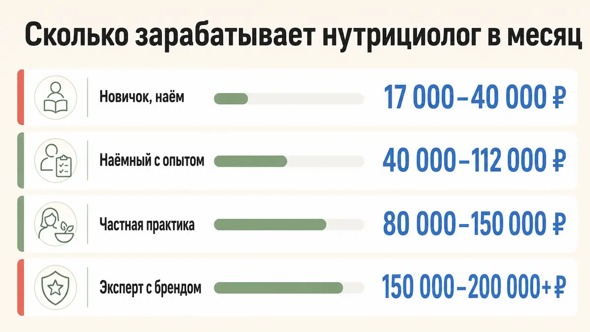 Вилки дохода нутрициолога по сегментам: от 17 000 до 200 000 рублей в месяц