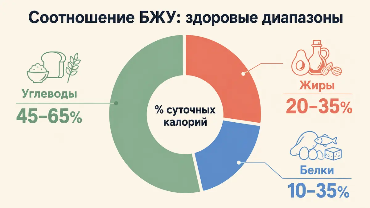 Пончик-диаграмма соотношения БЖУ: белки, жиры и углеводы в процентах калорий