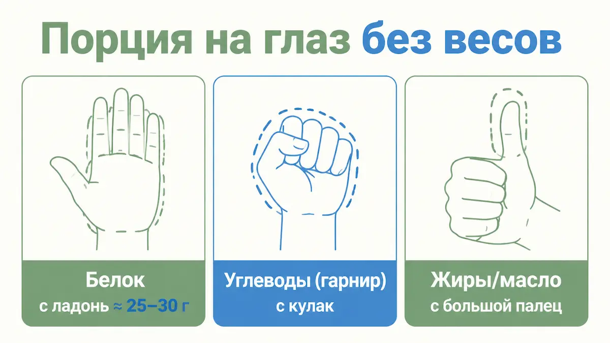 Наглядные порции БЖУ: белок с ладонь, углеводы с кулак, жир с большой палец
