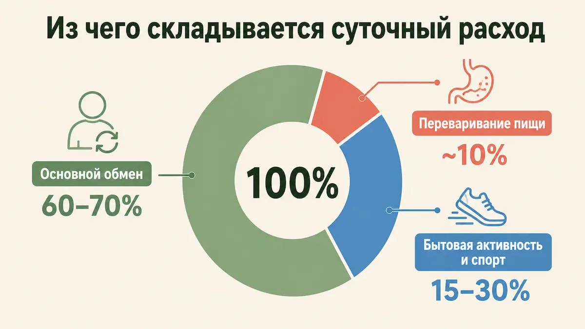 Из чего складывается суточный расход калорий: основной обмен, пища, активность