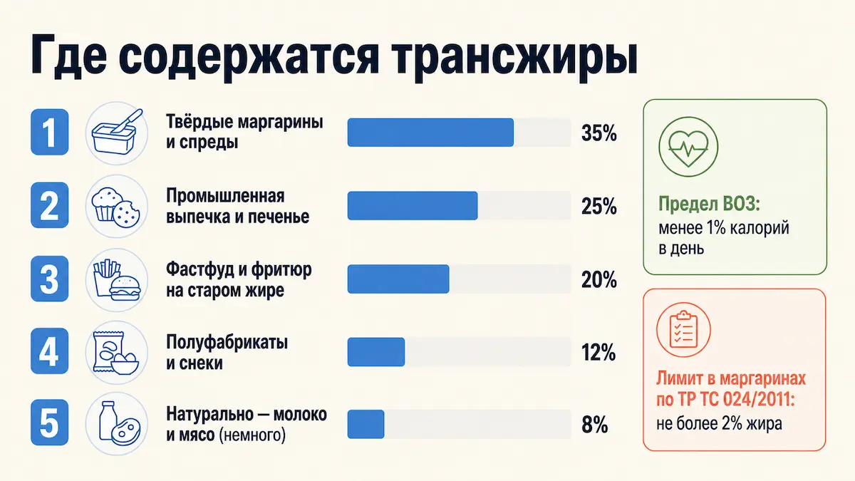 Где содержатся трансжиры: маргарин, выпечка, фастфуд, спреды