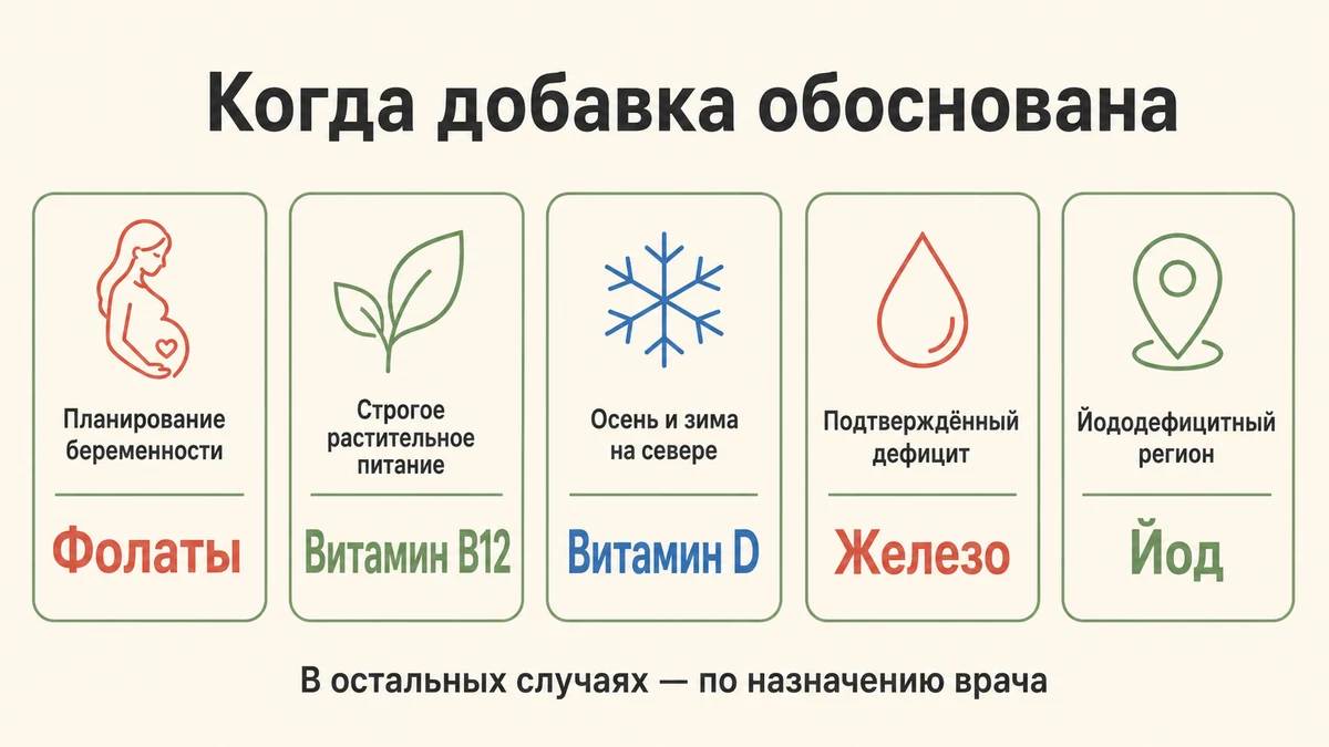 Пять ситуаций, когда приём БАД обоснован: беременность, веганство, зима, дефицит железа, йододефицит