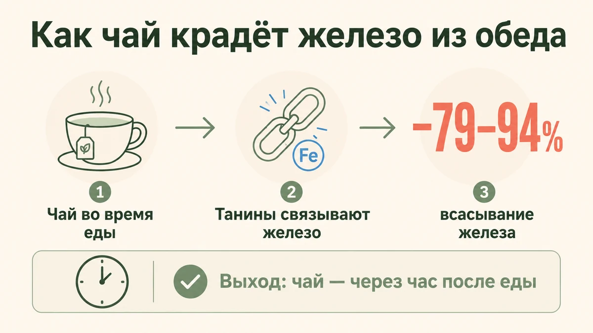 Схема: чай с едой связывает железо танинами и снижает всасывание на 79–94 процента