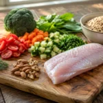 Разделочная доска с овощами, зеленью, рыбой и крупами — источники нутриентов