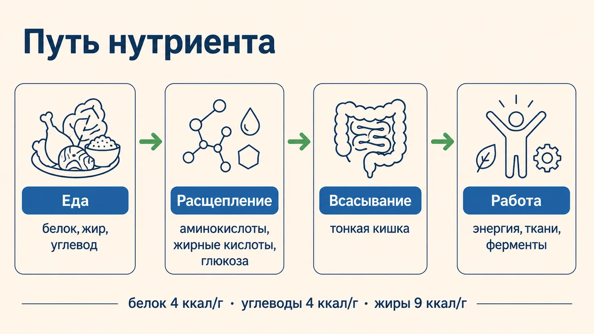 Схема: путь нутриента от еды до функции в организме