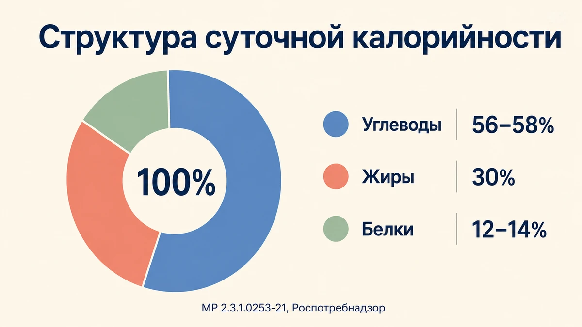 Структура суточной калорийности: белки 12-14%, жиры 30%, углеводы 56-58%
