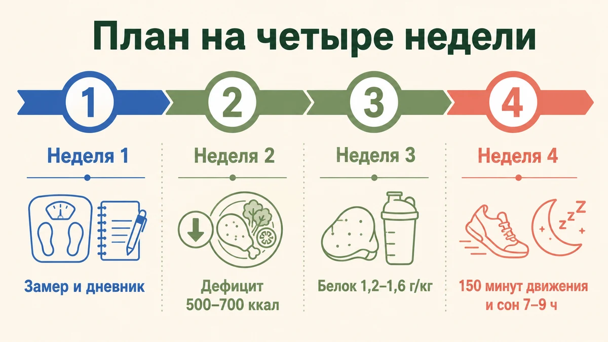 Пошаговый план питания для похудения на четыре недели: замер, расчёт нормы, белок, движение и сон