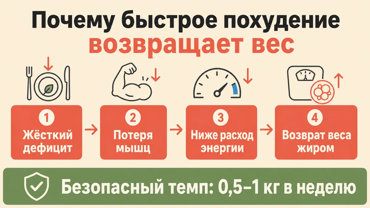 Схема: жёсткий дефицит калорий ведёт к потере мышц, снижению расхода энергии и возврату веса