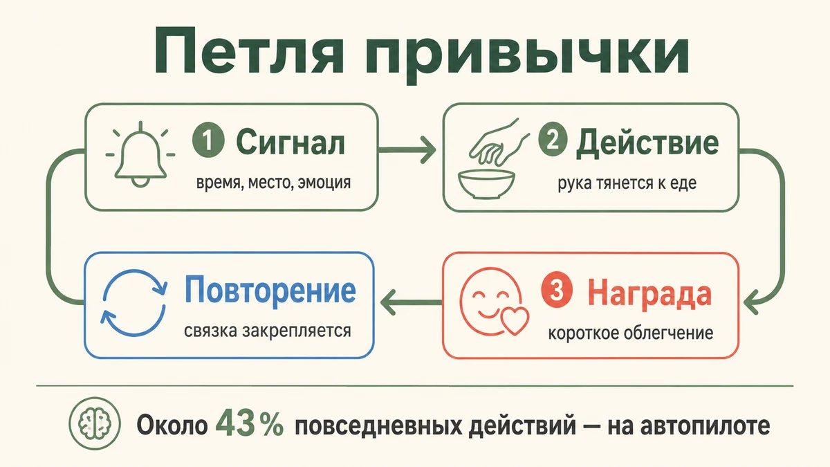 Схема петли привычки: сигнал, действие, награда и повторение замыкают цикл
