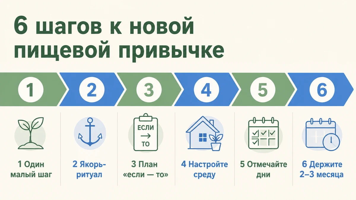 Лента из шести шагов формирования пищевой привычки — от малого шага до двух-трёх месяцев повторения
