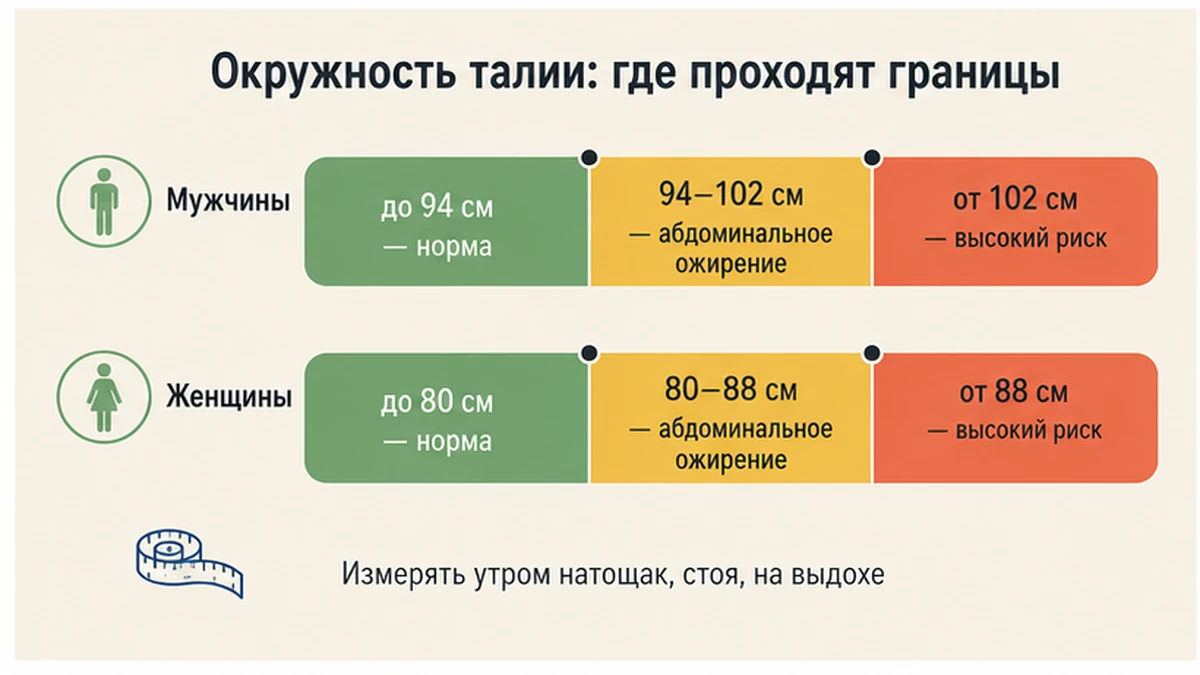 Шкала окружности талии: норма, абдоминальное ожирение и высокий риск для мужчин и женщин