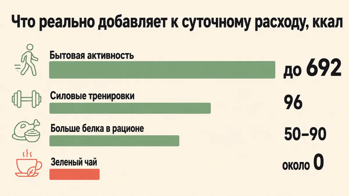 Сравнение реального вклада в суточный расход: бытовая активность, силовые тренировки, белок и зелёный чай в килокалориях