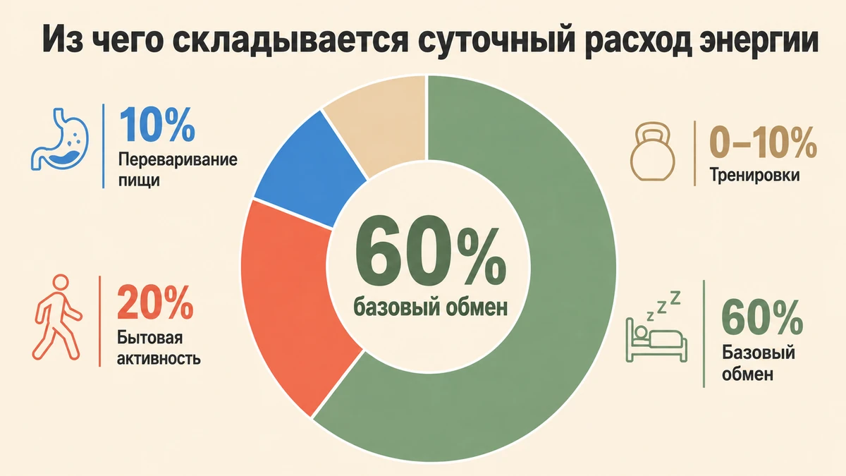 Структура суточного расхода энергии: базовый обмен 60%, бытовая активность 20%, переваривание 10%, тренировки до 10%