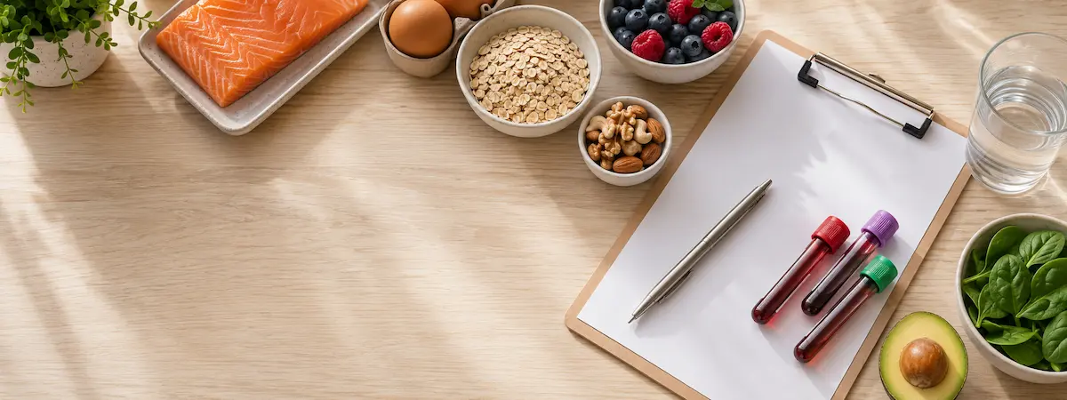 Продукты — источники железа, витамина D и B12 на столе перед консультацией нутрициолога