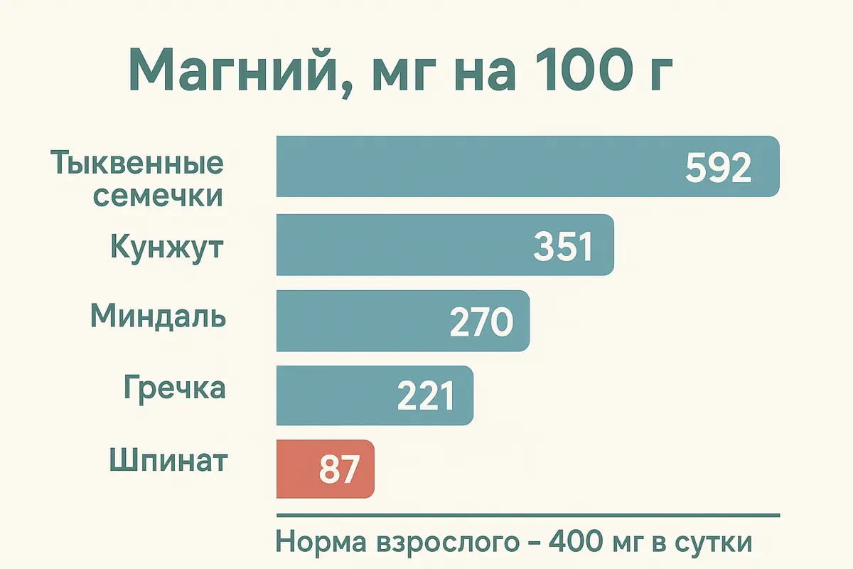 Рейтинг продуктов по содержанию магния: тыквенные семечки, кунжут, миндаль, гречка, шпинат