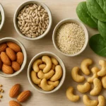 Продукты с магнием: тыквенные семечки, кунжут, миндаль, кешью и шпинат на столе