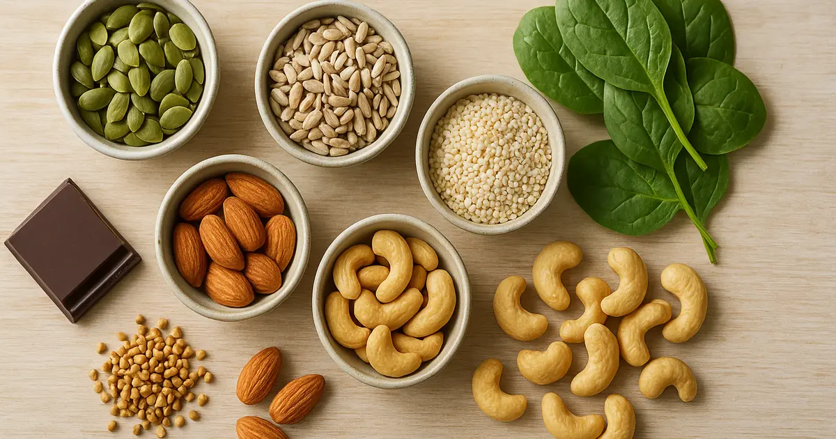 Продукты с магнием: тыквенные семечки, кунжут, миндаль, кешью и шпинат на столе