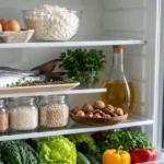Продукты по группам на полках холодильника — источники макро- и микронутриентов