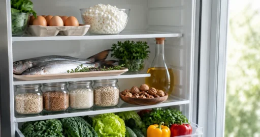 Продукты по группам на полках холодильника — источники макро- и микронутриентов