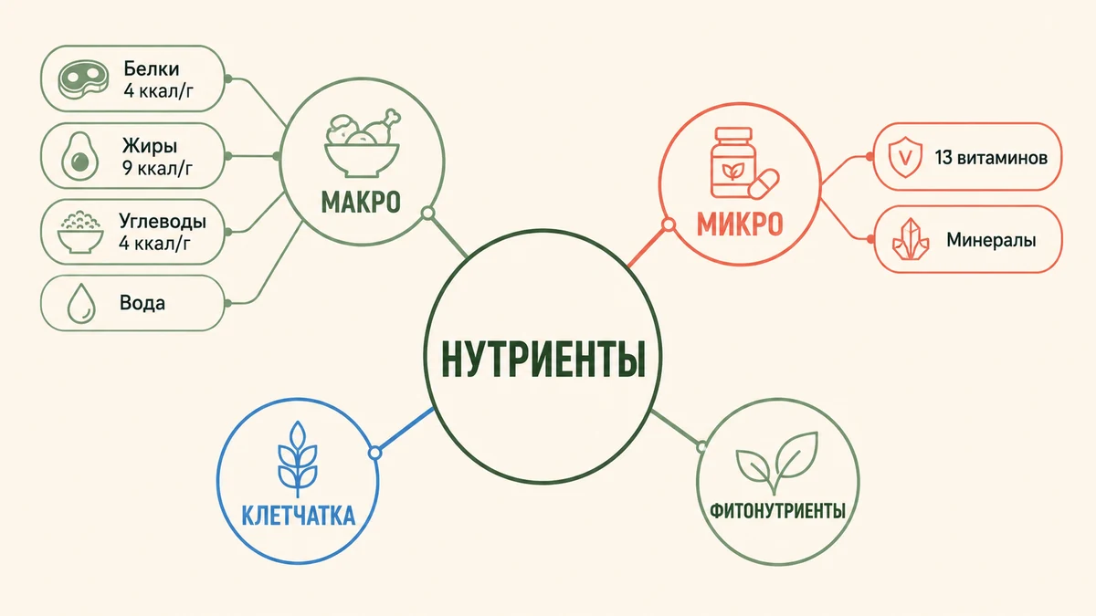 Карта нутриентов: макронутриенты, микронутриенты, клетчатка и фитонутриенты по группам