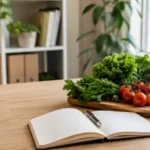 Рабочее место нутрициолога с продуктами, пищевым дневником и планированием рациона
