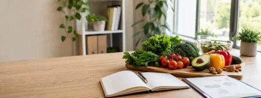 Рабочее место нутрициолога с продуктами, пищевым дневником и планированием рациона