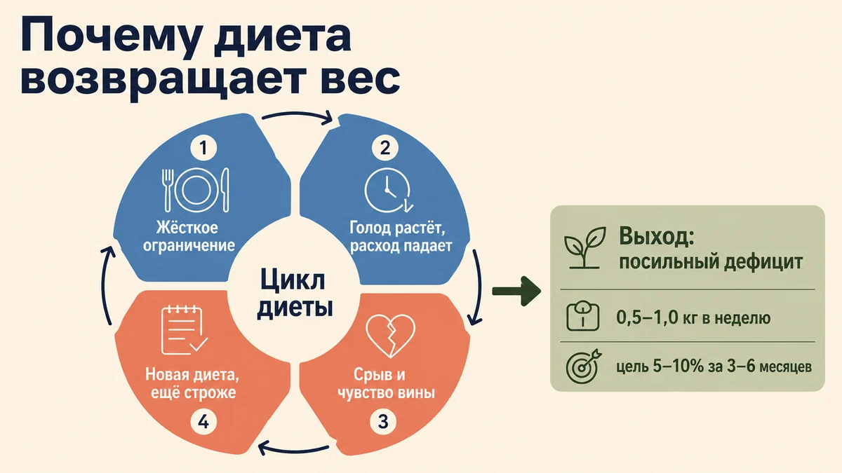 Схема цикла диеты: жёсткое ограничение, рост голода, срыв, вина и новая диета