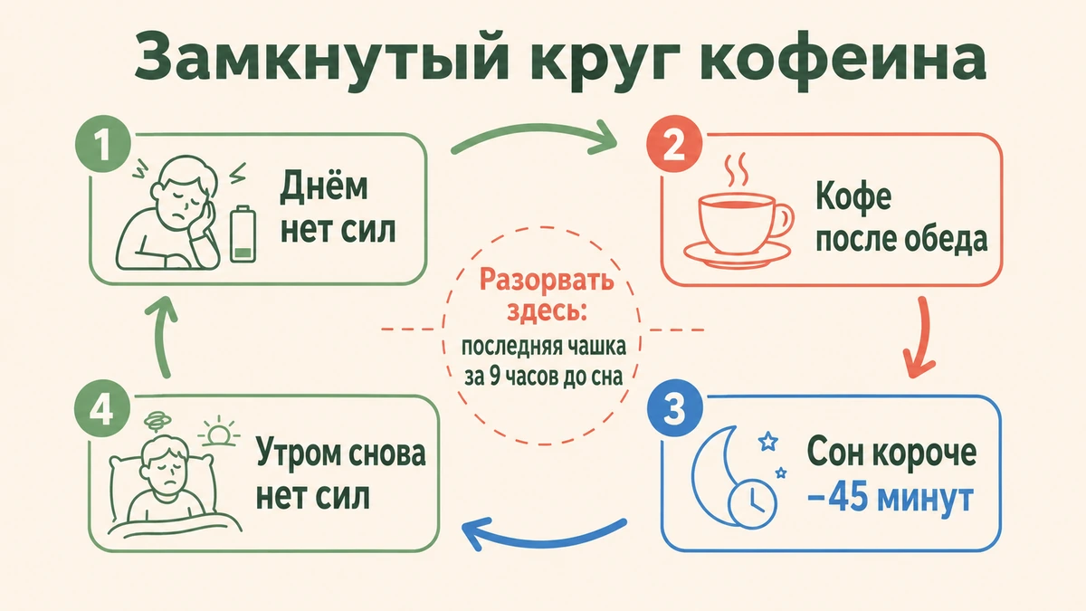 Круговая схема: усталость, кофе во второй половине дня, минус 45 минут сна, снова усталость