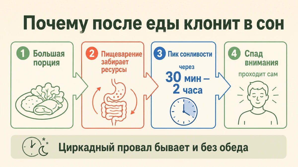 Схема: большая порция еды, рост сонливости через 30 минут и спад внимания днём