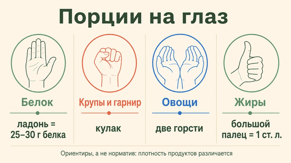 Порции на глаз: белок — ладонь, крупа — кулак, овощи — две горсти, жиры — большой палец