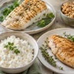 Белковые продукты — творог, яйца, рыба и курица — на столе: основа рациона при плато веса