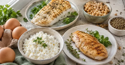 Белковые продукты — творог, яйца, рыба и курица — на столе: основа рациона при плато веса