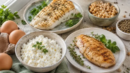 Белковые продукты — творог, яйца, рыба и курица — на столе: основа рациона при плато веса